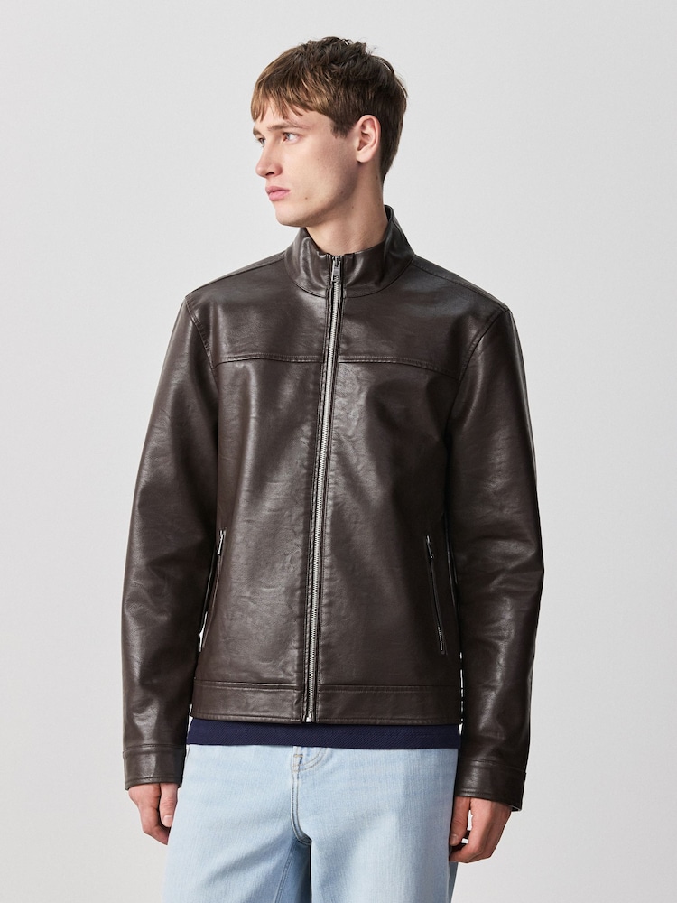 Brown Faux Leather Funnel Shacket - Image 1 of 15 Brown Faux Leather Funnel Shacket - Image 1 of 15