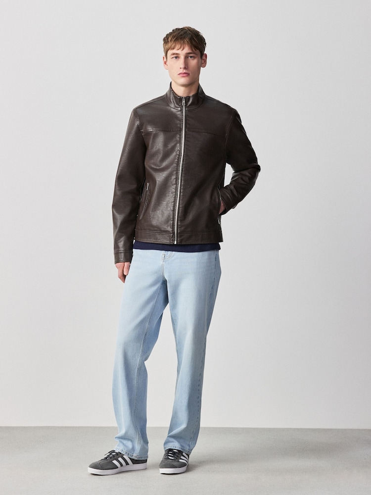 Brown Faux Leather Funnel Shacket - Image 2 of 15 Brown Faux Leather Funnel Shacket - Image 2 of 15