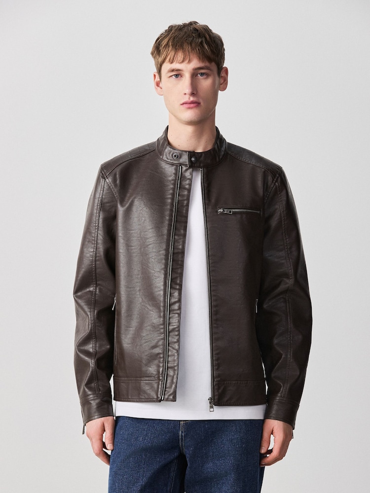 Brown Faux Leather Racer Jacket - Image 1 of 15 Brown Faux Leather Racer Jacket - Image 1 of 15
