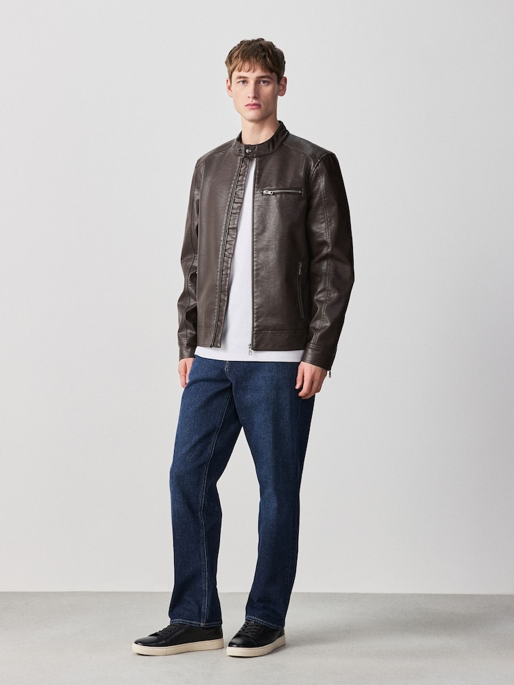 Brown Faux Leather Racer Jacket - Image 2 of 15 Brown Faux Leather Racer Jacket - Image 2 of 15