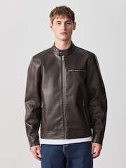 Brown Faux Leather Racer Jacket - Image 4 of 15