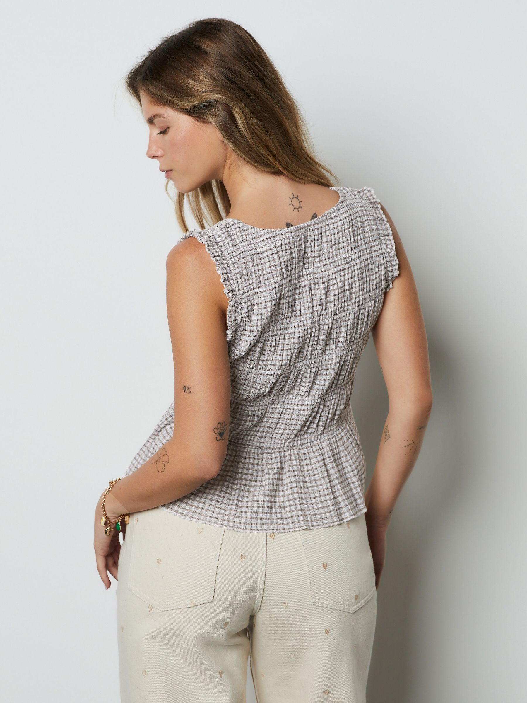 Buy Chocolate Brown Gingham Shirred Tie Front Sleeveless Top from