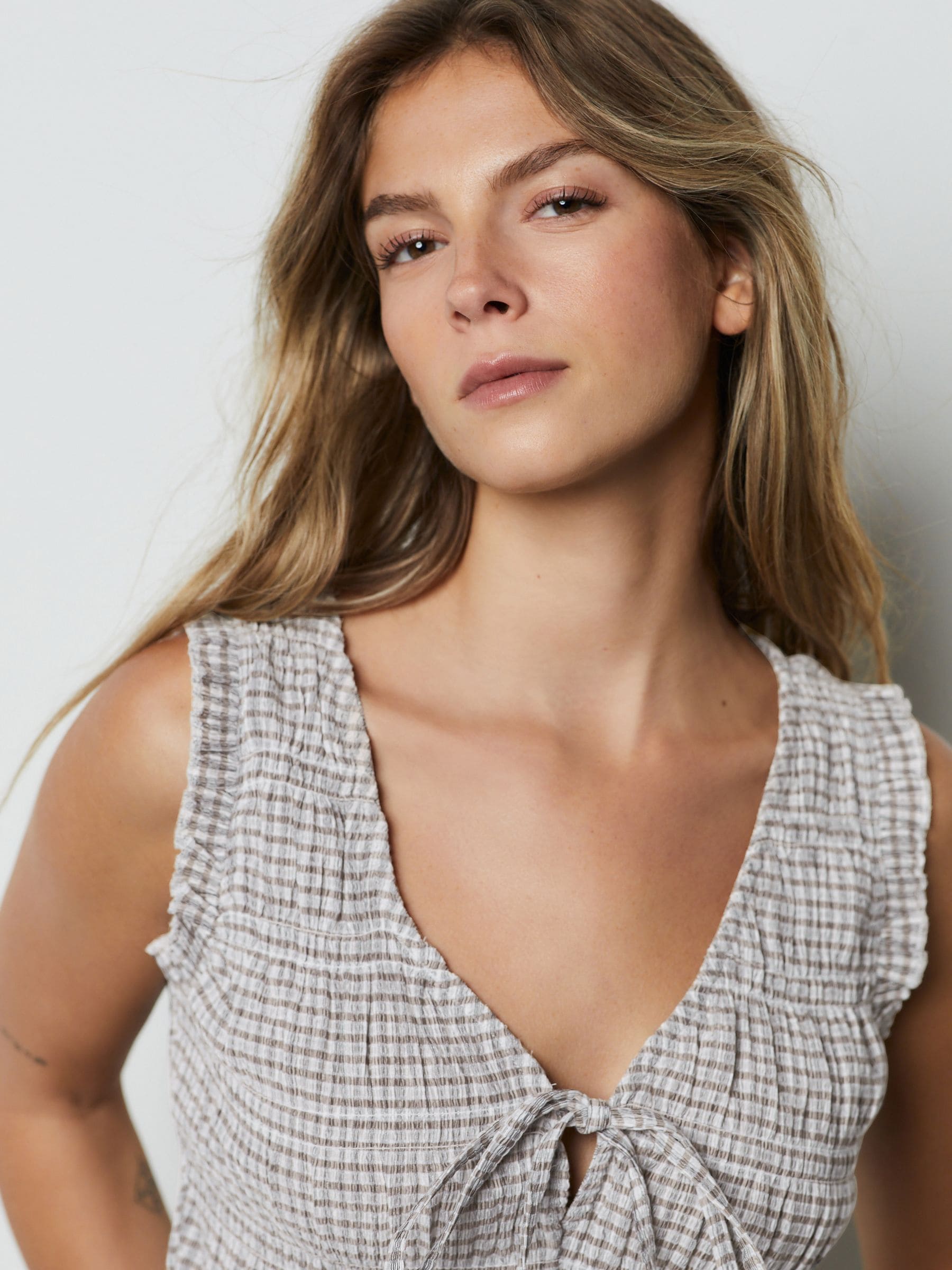 Buy Chocolate Brown Gingham Shirred Tie Front Sleeveless Top from