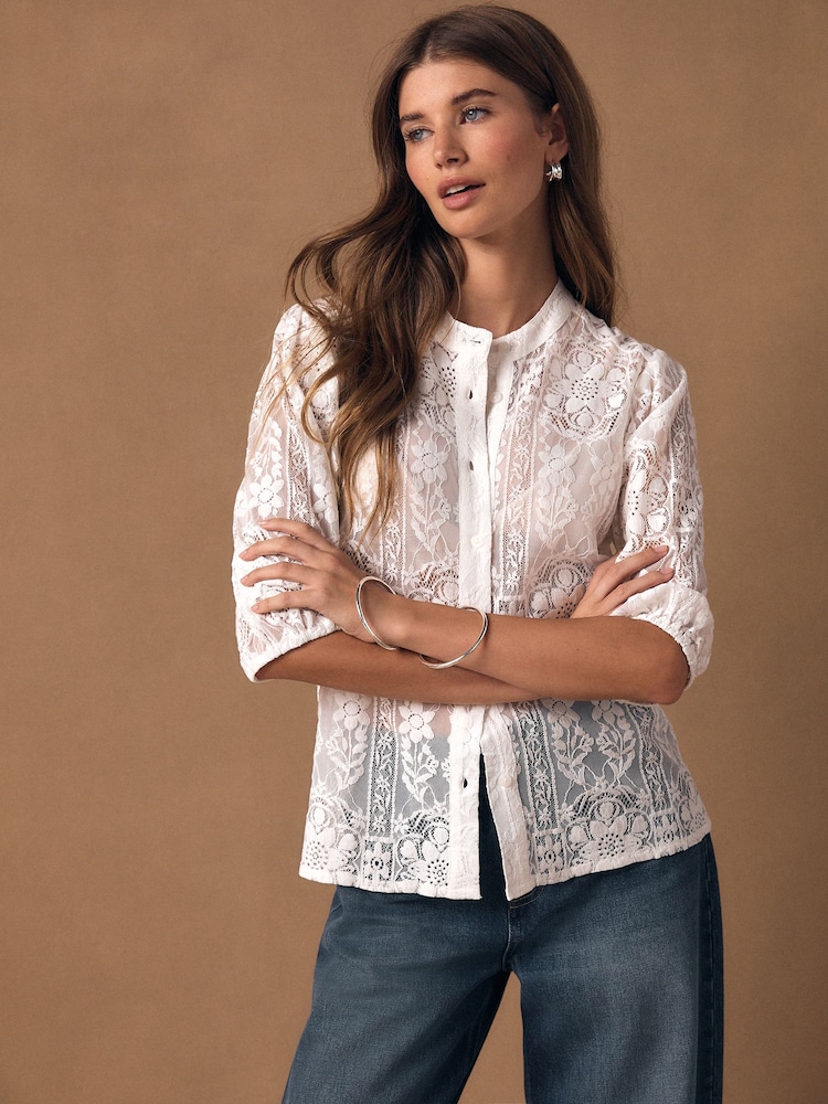 Ecru Lace Half Sleeve Blouse - Image 1 of 8 Ecru Lace Half Sleeve Blouse - Image 1 of 8