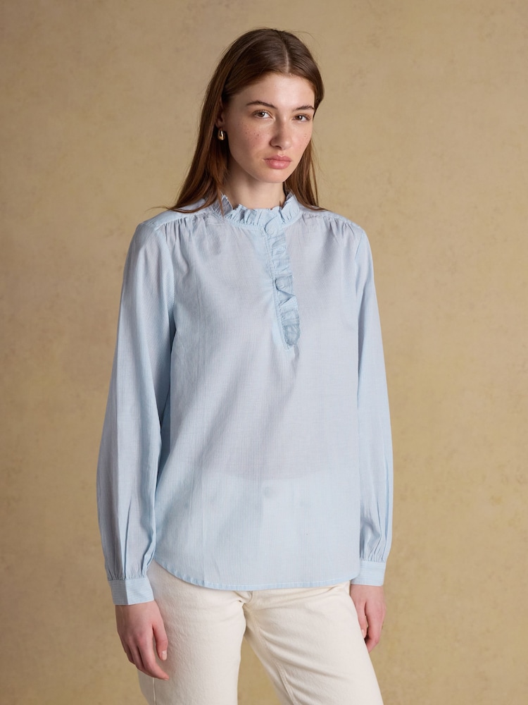 Joules Melanie Blue/White Stripe Ruffle Collar Long Sleeve Blouse - Image 1 of 7 Joules Melanie Blue/White Stripe Ruffle Collar Long Sleeve Blouse - Image 1 of 7