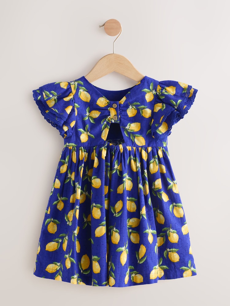 lemon dress blue Blue Lemon Print Scallop Trim Midi Dress
