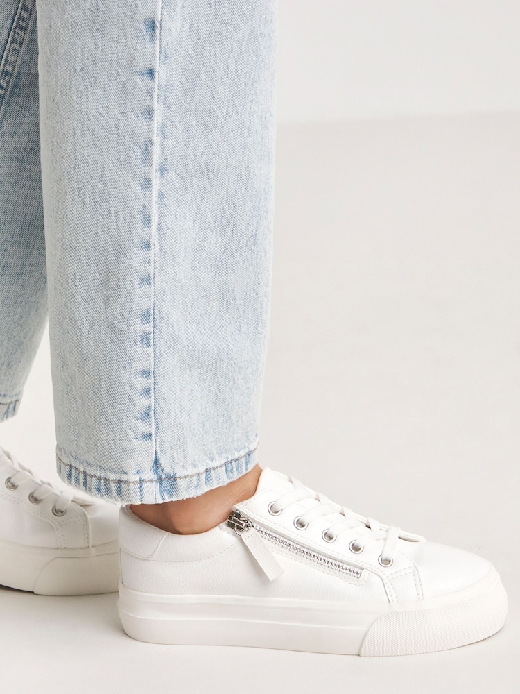 Simply Be White Extra Wide Fit Lace Up Zip Detail Chunky Trainers - Image 1 of 4