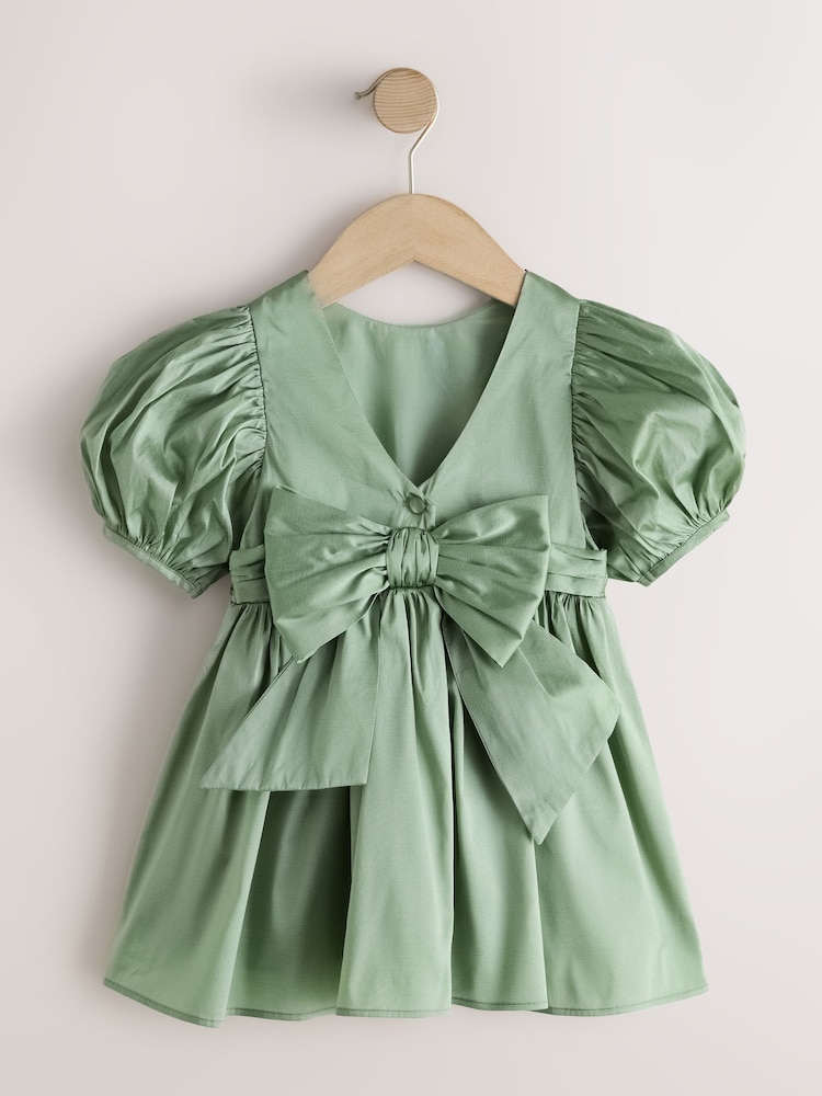 Sage Green Flower Girl Taffeta Bow Dress (3mths-8yrs) - Image 2 of 4 Sage Green Flower Girl Taffeta Bow Dress (3mths-8yrs) - Image 2 of 4