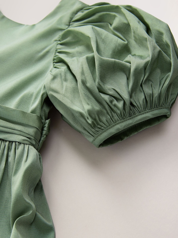 Sage Green Flower Girl Taffeta Bow Dress (3mths-8yrs) - Image 4 of 4 Sage Green Flower Girl Taffeta Bow Dress (3mths-8yrs) - Image 4 of 4