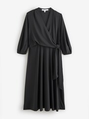 LK Bennett Black Petite Aiper Plain Polyester V-Neck Jersey Dress With Tie Front - Image 1 of 1