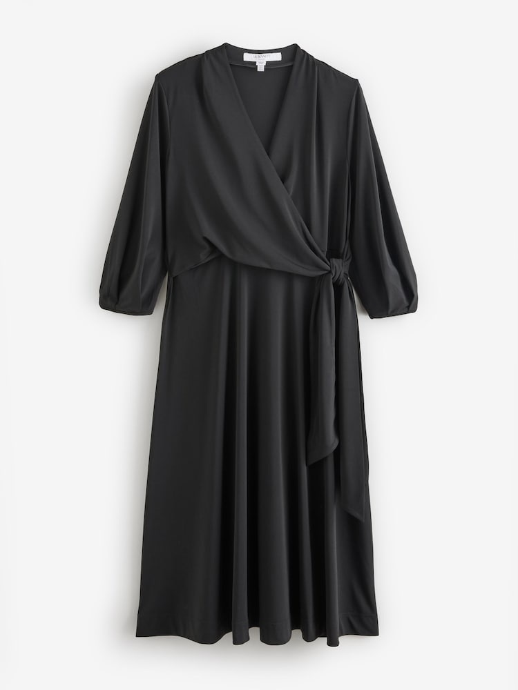 LK Bennett Black Petite Aiper Plain Polyester V-Neck Jersey Dress With Tie Front - Image 1 of 1
