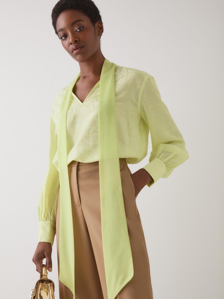 LK Bennett Green Maggie Rope Jacquard Print Silk Blend Blouse With Tie - Image 1 of 4 LK Bennett Green Maggie Rope Jacquard Print Silk Blend Blouse With Tie - Image 1 of 4