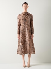 LK Bennett Brown Samantha Leopard Print Silk Button Shoulder Dress - Image 1 of 4
