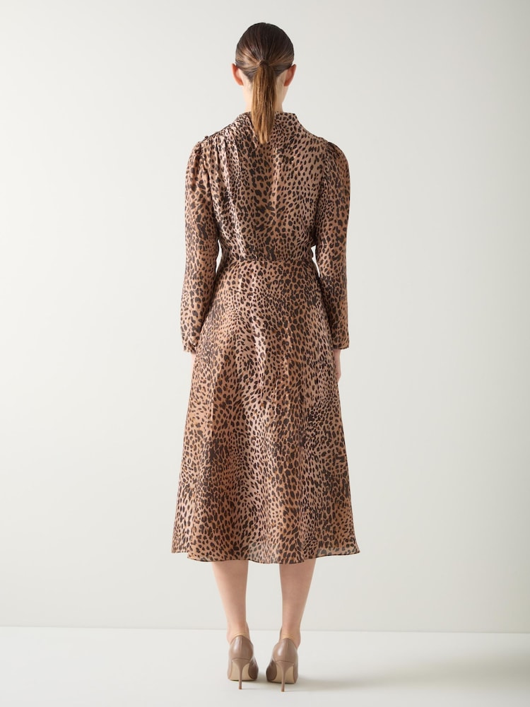 LK Bennett Brown Samantha Leopard Print Silk Button Shoulder Dress - Image 2 of 4 LK Bennett Brown Samantha Leopard Print Silk Button Shoulder Dress - Image 2 of 4