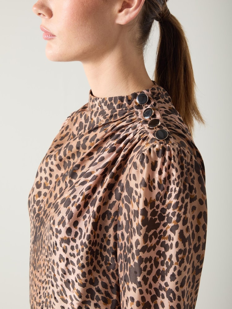 LK Bennett Brown Samantha Leopard Print Silk Button Shoulder Dress - Image 4 of 4