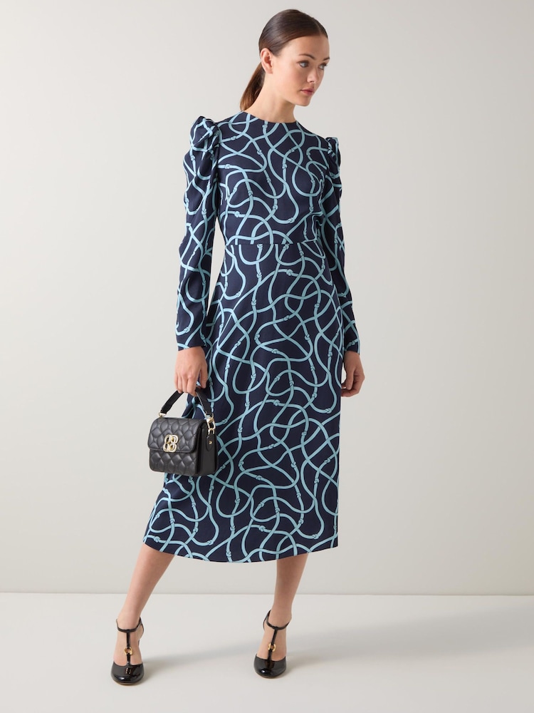 LK Bennett Blue Rope Print Gathered Sleeve Dress - Image 1 of 4 LK Bennett Blue Rope Print Gathered Sleeve Dress - Image 1 of 4