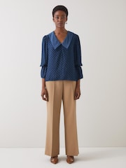 LK Bennett Blue Clarita Checks Polyester Exaggerated Sleeve V-Neck Top - Image 1 of 4