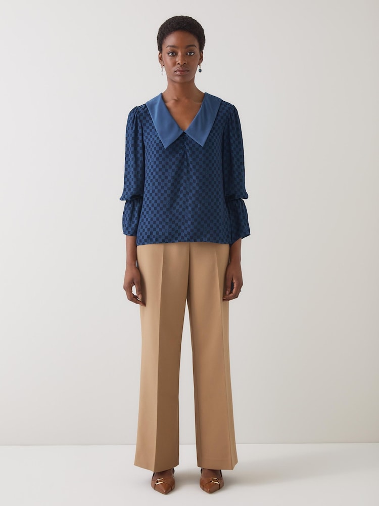 LK Bennett Blue Clarita Checks Polyester Exaggerated Sleeve V-Neck Top - Image 1 of 4