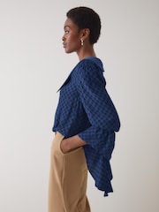 LK Bennett Blue Clarita Checks Polyester Exaggerated Sleeve V-Neck Top - Image 2 of 4