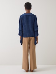 LK Bennett Blue Clarita Checks Polyester Exaggerated Sleeve V-Neck Top - Image 3 of 4
