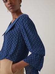 LK Bennett Blue Clarita Checks Polyester Exaggerated Sleeve V-Neck Top - Image 4 of 4