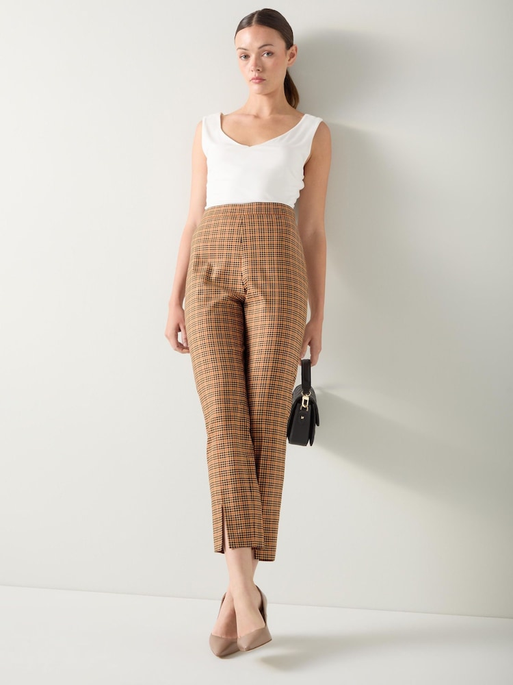 LK Bennett Brown Slim Check Print Tencel Multi Check Side Zip Trousers - Image 1 of 4 LK Bennett Brown Slim Check Print Tencel Multi Check Side Zip Trousers - Image 1 of 4