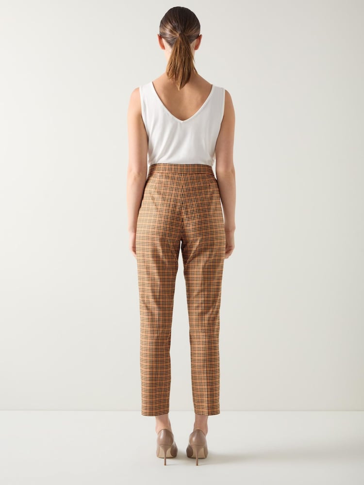 LK Bennett Brown Slim Check Print Tencel Multi Check Side Zip Trousers - Image 2 of 4 LK Bennett Brown Slim Check Print Tencel Multi Check Side Zip Trousers - Image 2 of 4