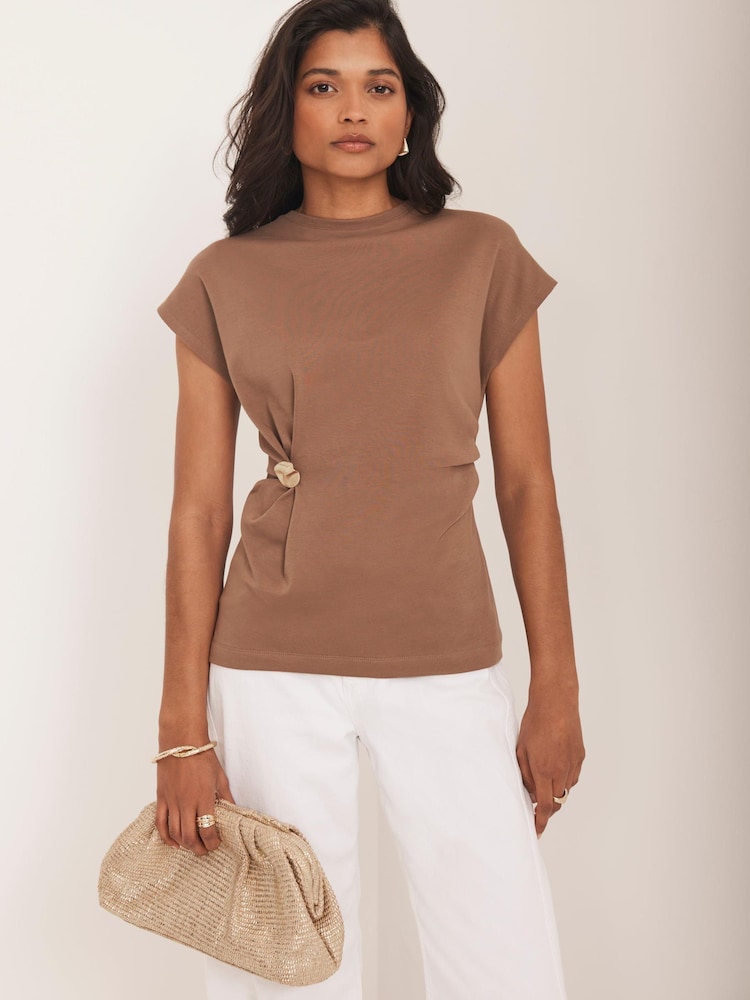 Mint Velvet Brown Gathered Detail T-Shirt - Image 2 of 8 Mint Velvet Brown Gathered Detail T-Shirt - Image 2 of 8