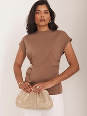 Mint Velvet Brown Gathered Detail T-Shirt - Image 4 of 8