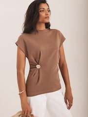 Mint Velvet Brown Gathered Detail T-Shirt - Image 5 of 8