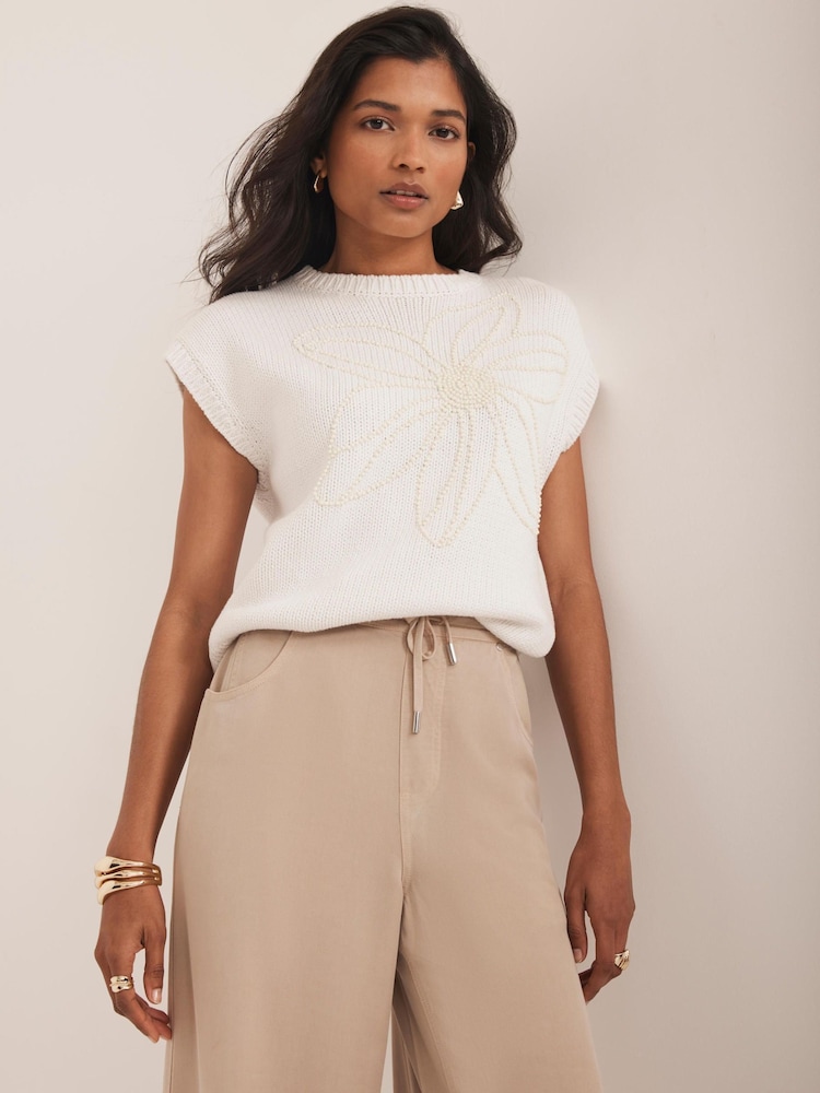 Mint Velvet Natural Floral Print Embellished Knit Top - Image 1 of 7