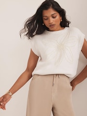 Mint Velvet Natural Floral Print Embellished Knit Top - Image 2 of 7
