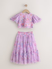 بنفسجي فاتح - Floral Embellished Top and Skirt Lehenga Set (3-16yrs) - صورة 4 من 8