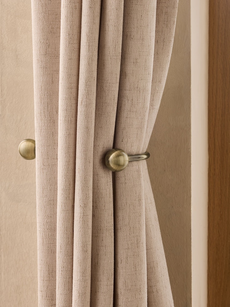 Antique Brass Set of 2 Double Ball Curtain Holdbacks - Image 1 of 2 Antique Brass Set of 2 Double Ball Curtain Holdbacks - Image 1 of 2
