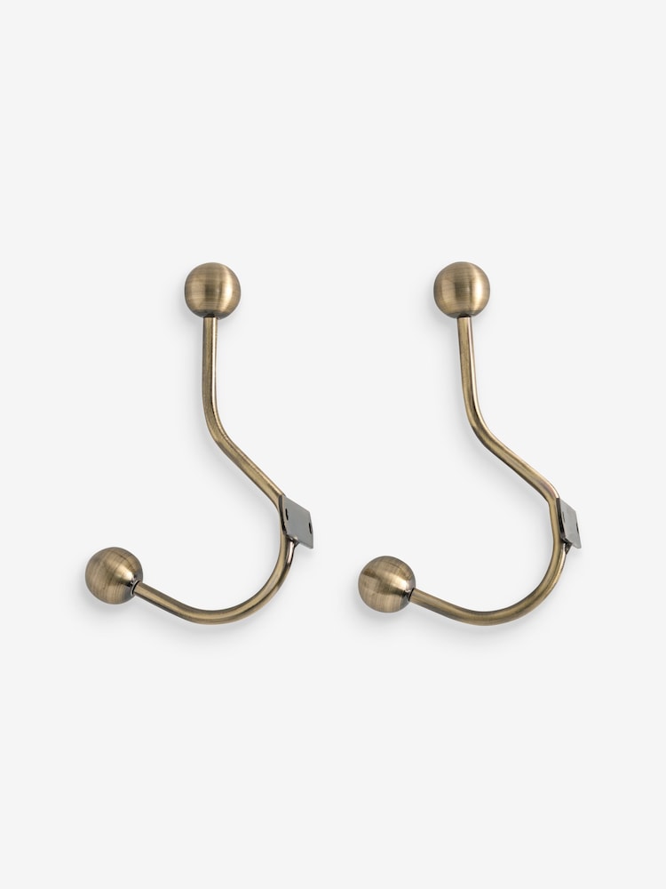 Antique Brass Set of 2 Double Ball Curtain Holdbacks - Image 2 of 2 Antique Brass Set of 2 Double Ball Curtain Holdbacks - Image 2 of 2