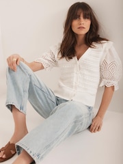 Mint Velvet White Short Sleeve Broderie Cardigan - Image 1 of 8