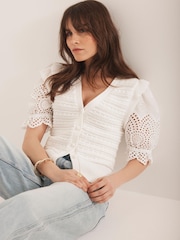 Mint Velvet White Short Sleeve Broderie Cardigan - Image 2 of 8
