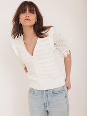 Mint Velvet White Short Sleeve Broderie Cardigan - Image 3 of 8