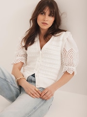 Mint Velvet White Short Sleeve Broderie Cardigan - Image 4 of 8