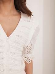 Mint Velvet White Short Sleeve Broderie Cardigan - Image 5 of 8