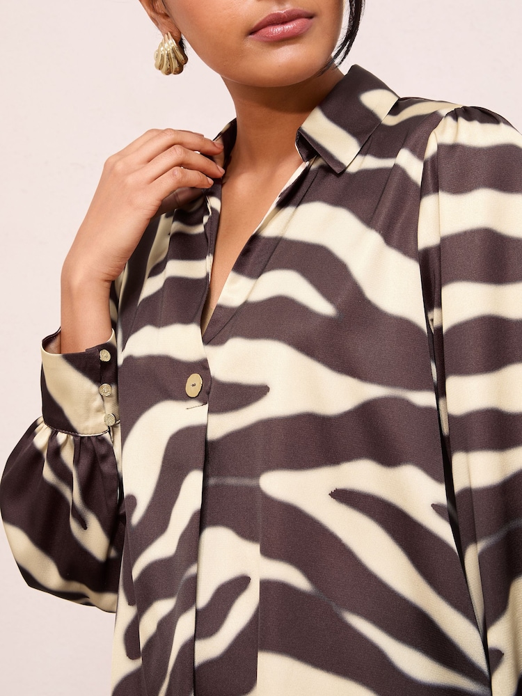 Friends Like These Brown Zebra Print Long Sleeve Button Detail Collared Blouse - Image 2 of 4 Friends Like These Brown Zebra Print Long Sleeve Button Detail Collared Blouse - Image 2 of 4