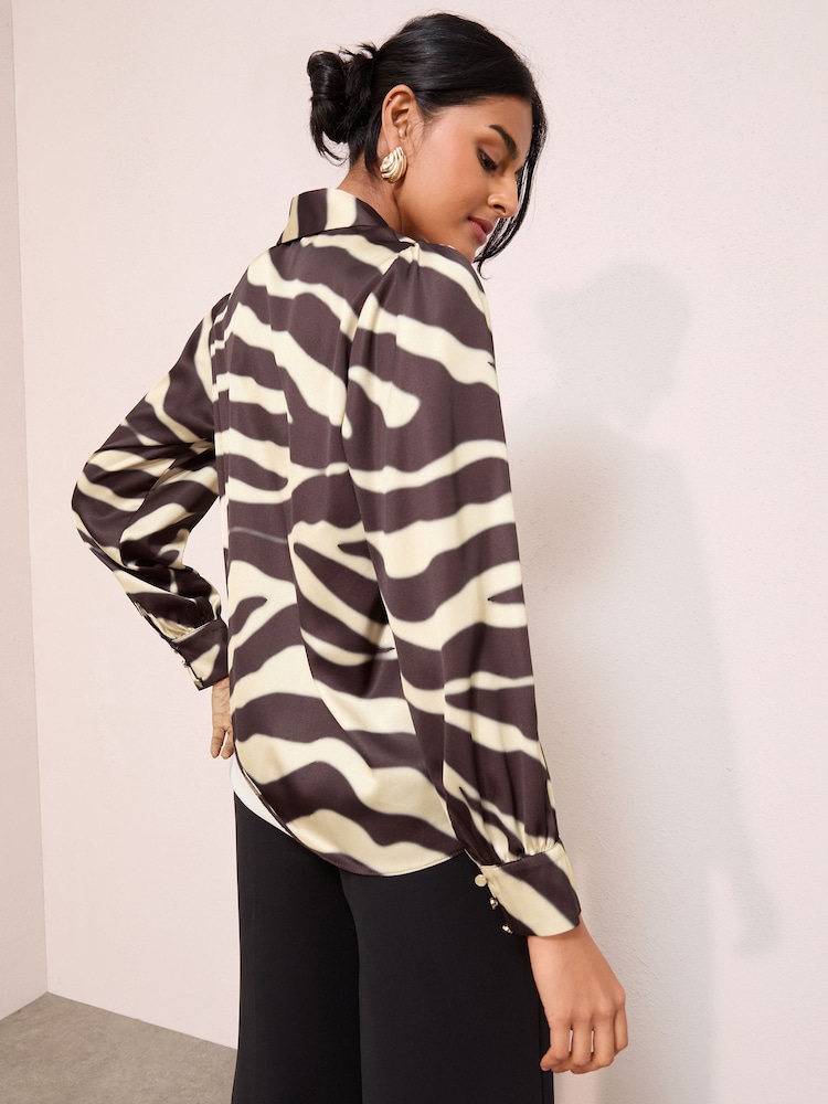 Friends Like These Brown Zebra Print Long Sleeve Button Detail Collared Blouse - Image 4 of 4 Friends Like These Brown Zebra Print Long Sleeve Button Detail Collared Blouse - Image 4 of 4