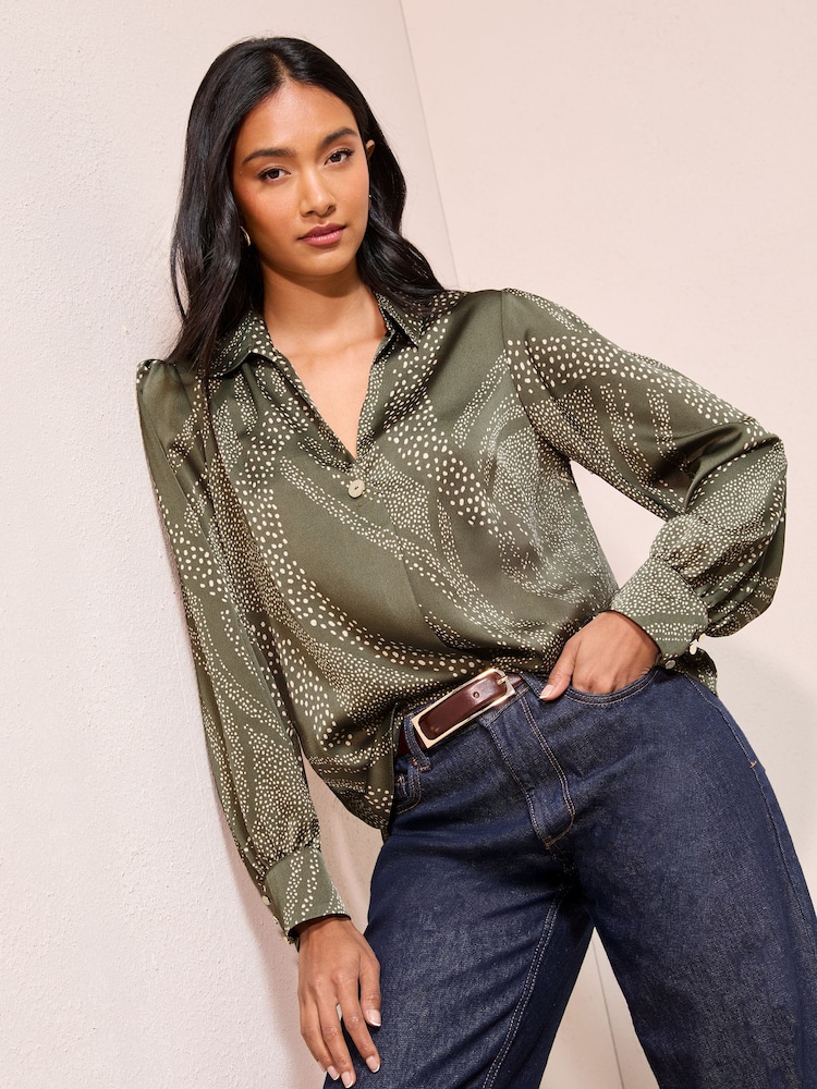Friends Like These Khaki Print Long Sleeve Button Detail Collared Blouse - Image 1 of 4 Friends Like These Khaki Print Long Sleeve Button Detail Collared Blouse - Image 1 of 4