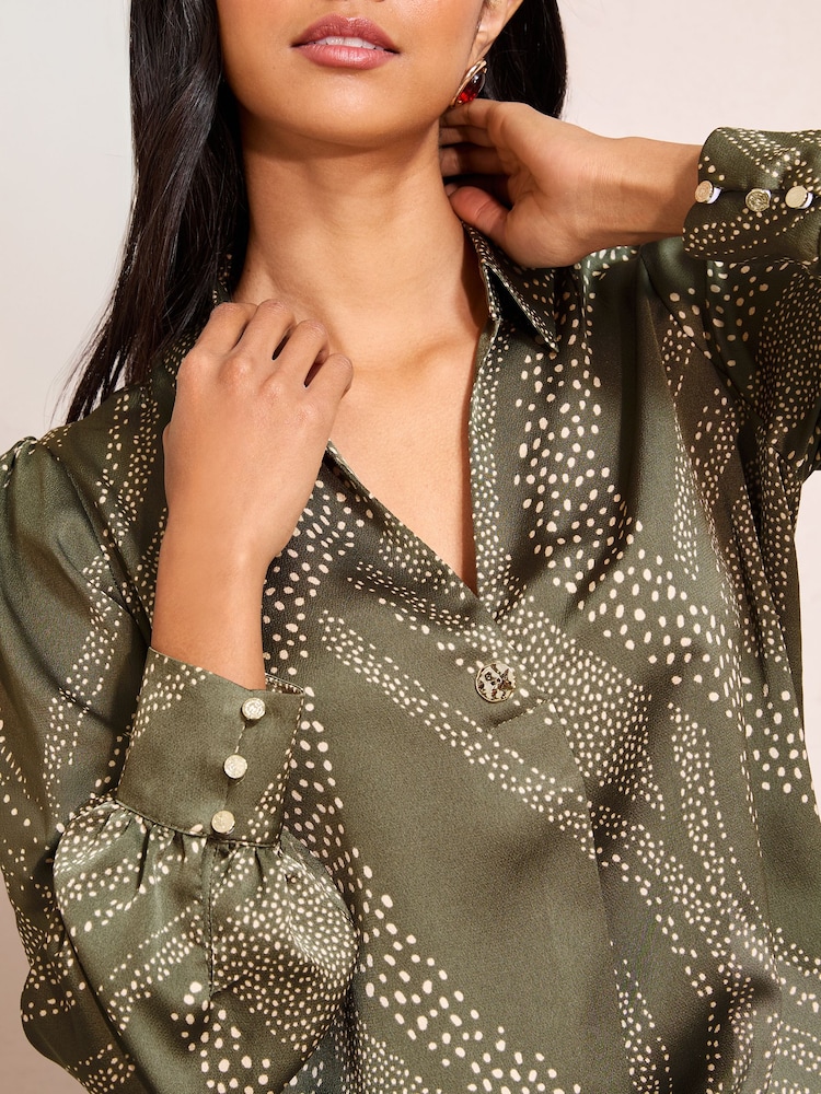 Friends Like These Khaki Print Long Sleeve Button Detail Collared Blouse - Image 2 of 4 Friends Like These Khaki Print Long Sleeve Button Detail Collared Blouse - Image 2 of 4