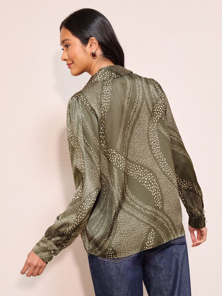 Friends Like These Khaki Print Long Sleeve Button Detail Collared Blouse - Image 4 of 4 Friends Like These Khaki Print Long Sleeve Button Detail Collared Blouse - Image 4 of 4