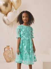 Teal Blue Mesh Flower Sequin Party Dress (3-16yrs) - Image 1 of 8