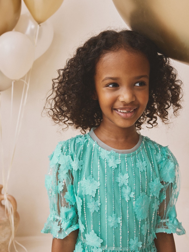 teal sequin dress next Buy Teal Blue Mesh Flower Sequin Party Dress (3-16yrs) from Next USA