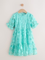 Teal Blue Mesh Flower Sequin Party Dress (3-16yrs) - Image 5 of 8