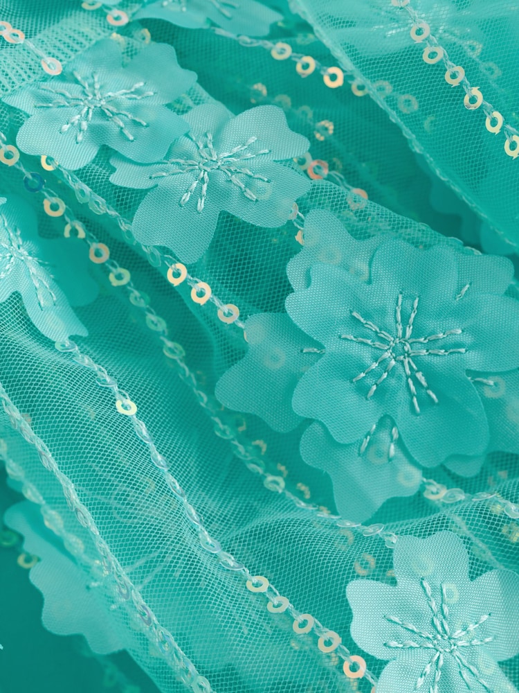 Teal Blue Mesh Flower Sequin Party Dress (3-16yrs) - Image 8 of 8 Teal Blue Mesh Flower Sequin Party Dress (3-16yrs) - Image 8 of 8