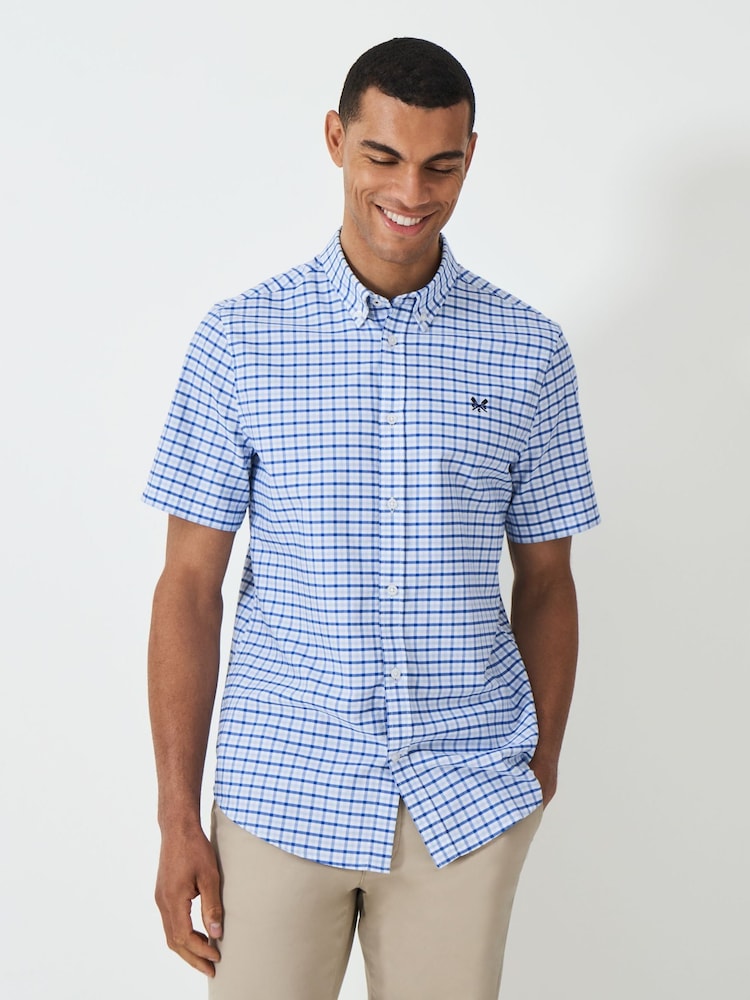 Crew Clothing Blue Short Sleeve Micro Gingham Oxford Shirt - Image 1 of 5